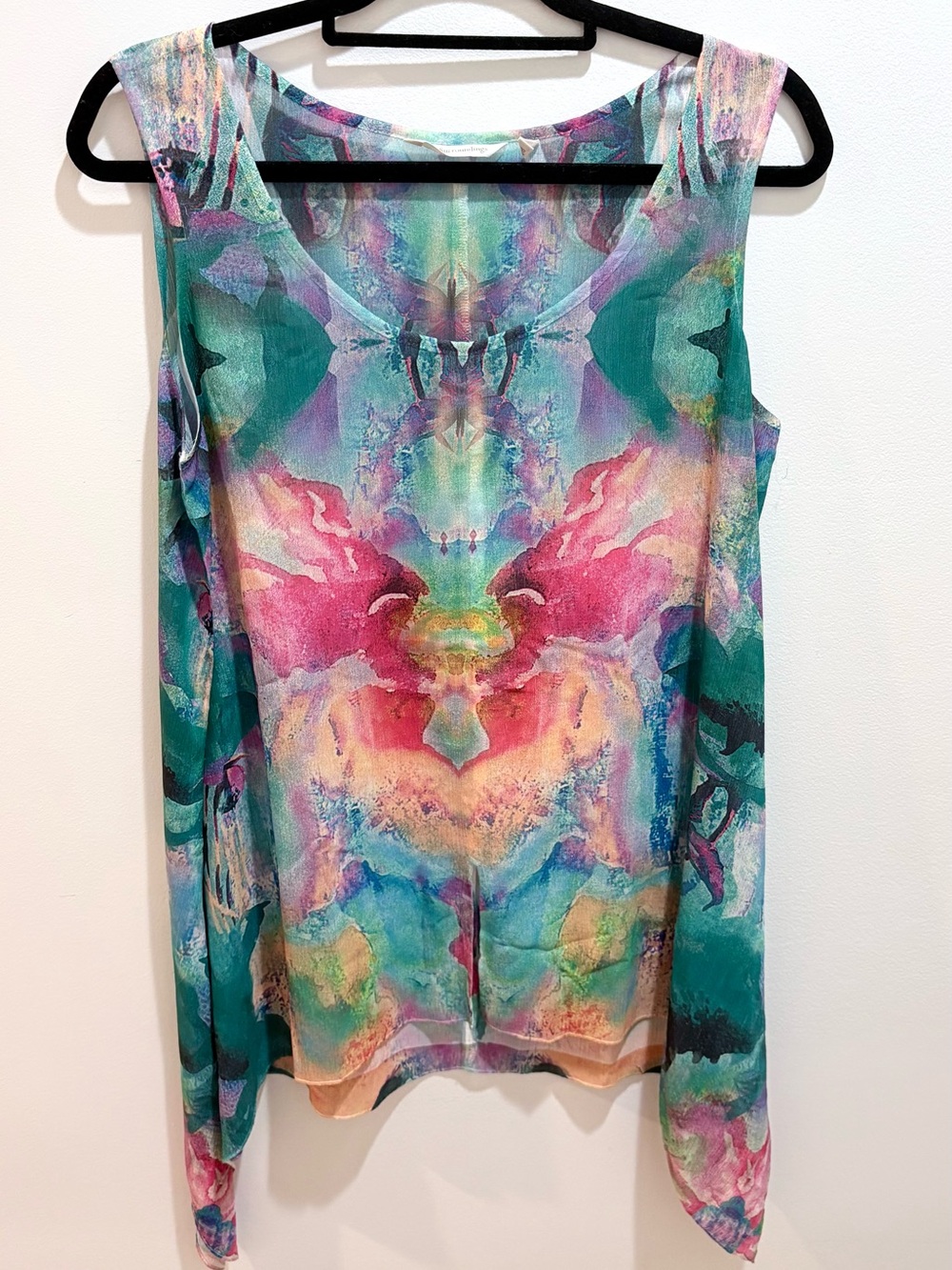 Soft Surroundings Tunic Medium Asymmetrical Tank Top Sheer Waterflower Y2K Print